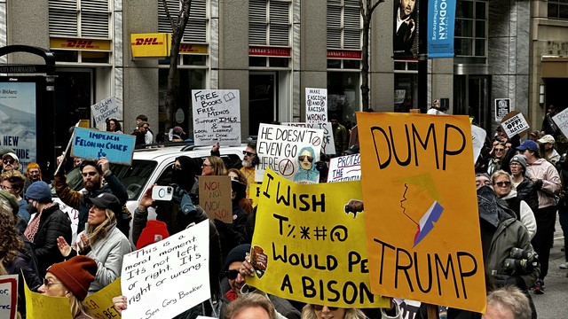 #Chicago #HandsOff #Protests 

#AlarmBells are going off in a sign that says "No! No! No! No!" and nothing else.

One sign says "#Impeach the #FelonInChief"  

"This is a #MoralMoment. It's. not #Left or #Right, but Right or Wrong" — #CoryBooker 

Someone with a #NationalParkService decal says "I Wish #Trump Would Pet a Bison" — very creative!

Then there's the #DumpTrump sign.

In the back there's "Free Books, Free Minds, Support #IMLS & Your Local #Library. …#DOGE #SHANKKK" 

"Hands Off #NATO"