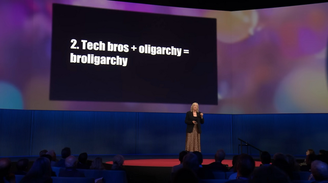 Carole Cadwalladr presenting at TED with presentation slide reading: «2. Tech bros + oligarchy = broligarthy»