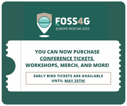 A graphic saying you can now purchase conference tickets, workshops, merch, and more for FOSS4GE. Early bird available until May 25th.