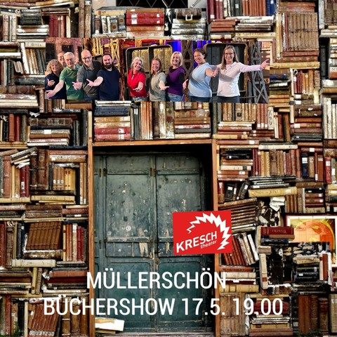 Ein Bücherregal wie ein Wimmelbild um eine große graue Tür. 
Darüber das Ensemble des Impro-Theaters Müllerschön.