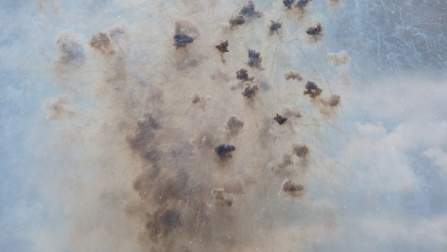 Puffs of smoke as fireworks explode