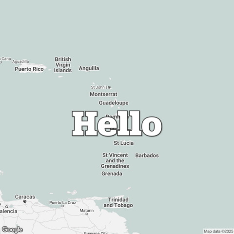 Map of Dominica overlaid with a translation of the word "hello": Hello.