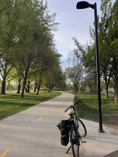 Black light posts along the greenbelt behind Willow Lane Park. My bike in the foreground.