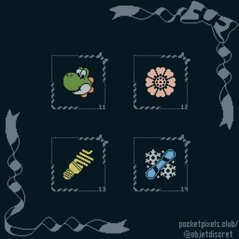 a pixel art illustration of Yoshi from the Mario series, a White Lotus tile from Avatar: The Last Airbender, a compact fluorescent light bulb, and a snowboard among snowflakes.