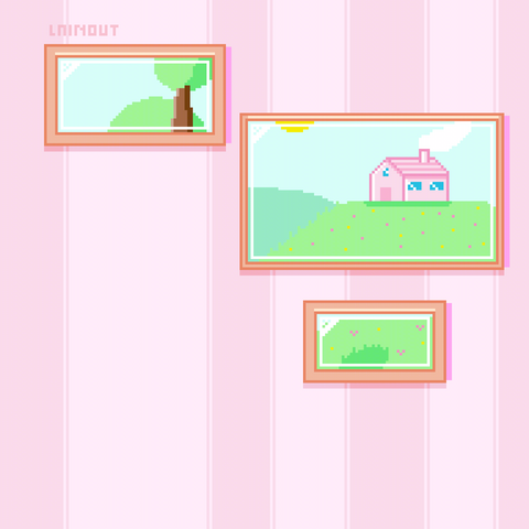 3 pixelart frames on a wall with scenery painting