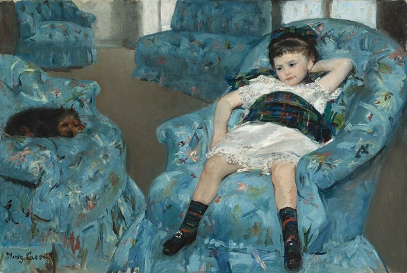 a painting of a young girl in a white play dress, sitting slouched in a bright blue armchair with pattens on it, there are 4 chairs in the room, on the chair across from the girl is a small cute furry dark brown dog