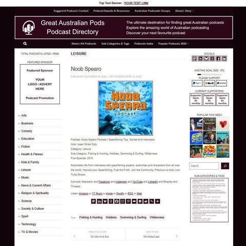 Noob Spearo Podcast | Spearfishing Tips, Stories And Interviews
Screenshot of the podcast listing on the Great Australian Pods website
