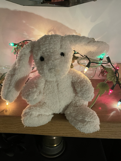 A white rabbit soft toy as a reminder for the morning