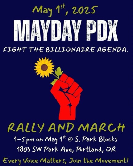 May Day flyer featuring white and yellow info text on marine blue background with illustration in center of raised clenched red hand  grasping a sunflower