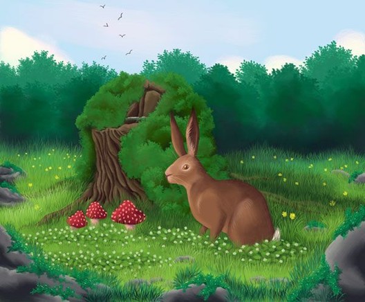 A wild hare sits in front of a moss-covered tree stump in a meadow full of dandelions and white clover. In the back, dark trees frame the picture under a blue sky; in front, mossy stones complete the frame.