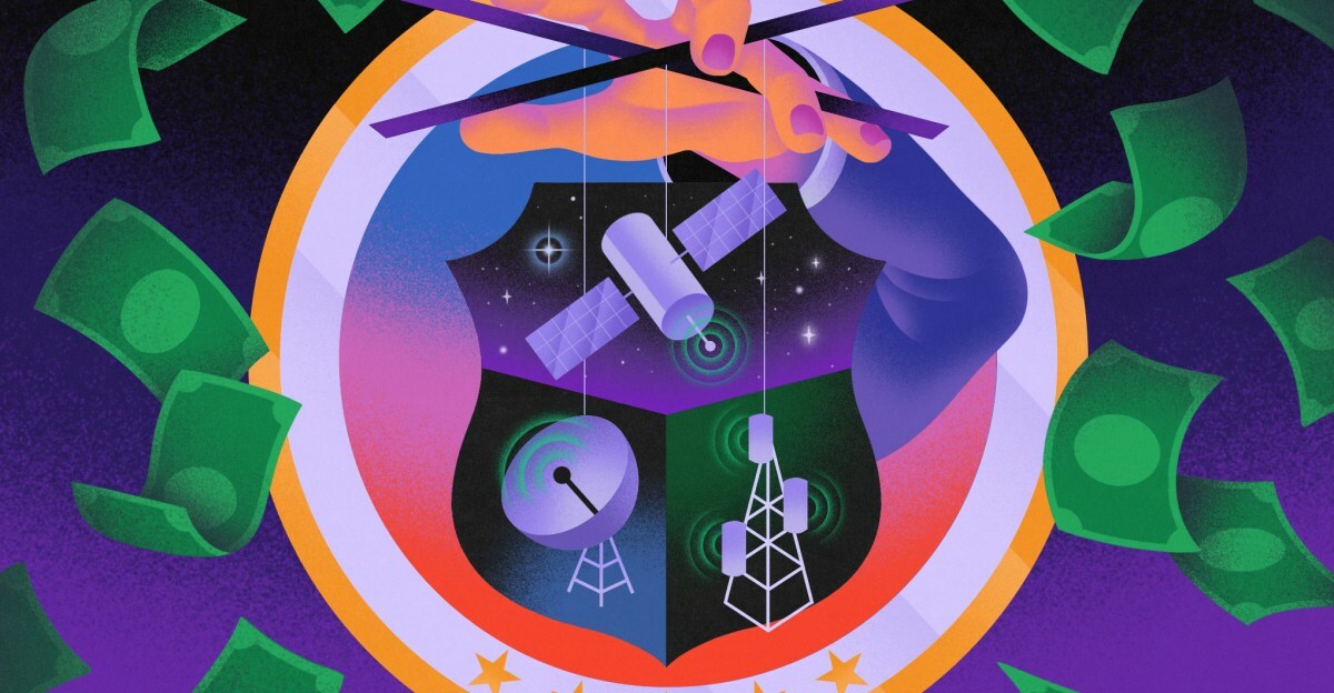 Hand puppeting the satellites on the FCC seal surrounded by falling dollar bills.