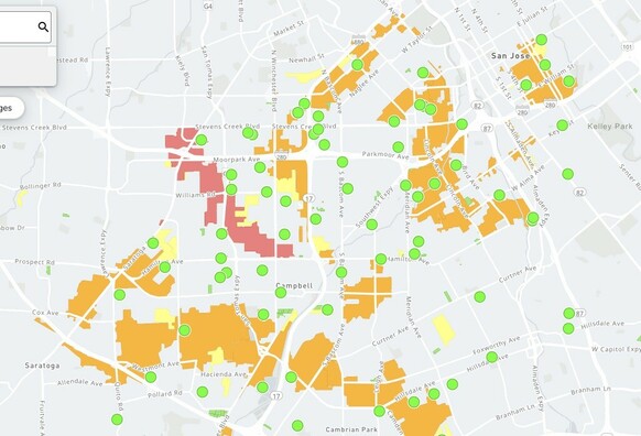 PG&E Power Outage map showing about 1/2 of the City of Campbell shaded in orange and red, indicating ongoing power outages.
