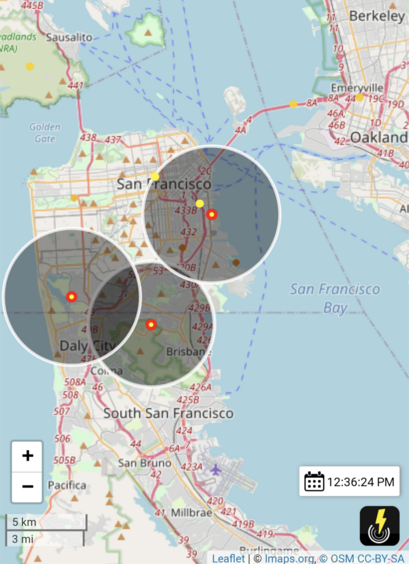 Map of San Francisco Bay Area with yellow dots indicating lightning strikes and expanding circles indicating sound of thunder. It appears that three strikes happened at nearly the same time at 12:36pm.