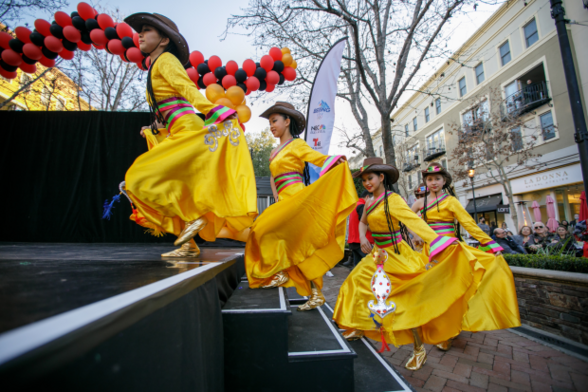 Members of Lisa Performing Arts take the stage for a performance during a Lunar New Year celebration at Santana Row in San Jose. (Anda Chu/Staff Photographer) 
