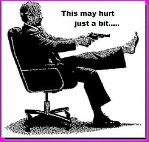 A man, sitting in a chair, pointing a gun at his foot, with the caption, "This may hurt just a bit....."