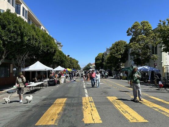 People walking, biking, rolling at a street fair