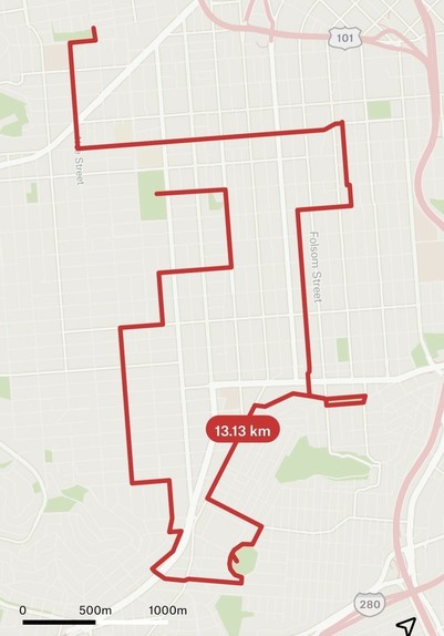 Map of a route that winds through the Mission, Noe Valley, Glen Park, Bernal Heights, and Duboce Triangle, using 22nd St, Sanchez, Arlington, Shotwell, 20th St, and Noe.