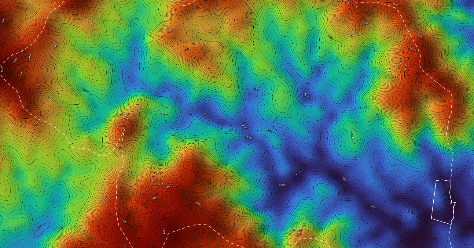 Watershed elevation map rendered in a rainbow spectrum of colors from blue (lowland, wetland, drainage stream pattern; valleys) to red (upland, ridges watershed dividing lines, overlayed with lines on 1 ft contour intervals (yes, he also can do metric).