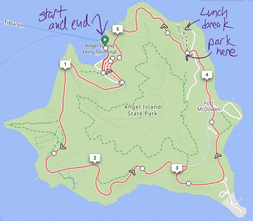 map of angel island with a red line following a bike route along the island. callouts with arrows point to the start and end of the ride, as well as the location of a lunch break spot and bike parking
