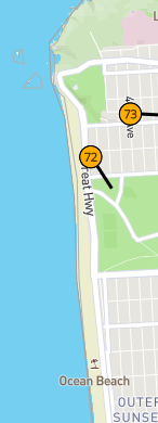 Weather map of western edge of city showing 72 deg F at one location.