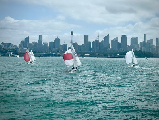 Three prominent, evenly-spaced sailboats with raised sails filled by wind are shown sailing in the Sydney Harbour with the cityscape as background. Other smaller sailboats are seen in the far distance. The sky is light blue with filmy patches of fog & clouds, and the water is gray-green with wind waves & sparse wakes & whitecaps.  The center and left boats have red and white sails, the right-hand boat has white. 