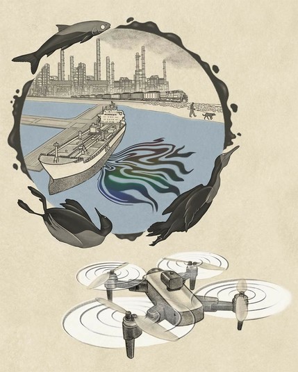 Illustration of an oil tanker releasing oil into the Bay with a Baykeeper drone watching 