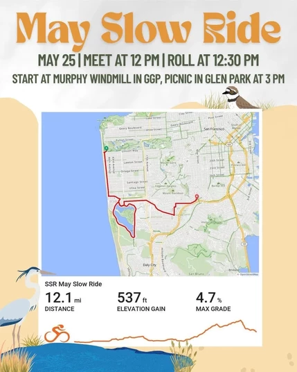 May Slow Ride

May 25th

Meet at 12pm
Roll at 12:30pm
Start at Murphy Windmill in GGP, Picnic in Glen Park at 3pm

Route proceeds south through Sunset Dunes Park, loops around Lake Merced then east on Ocean Ave

12.1 miles
537 feet elevation gain
4.7% max grade