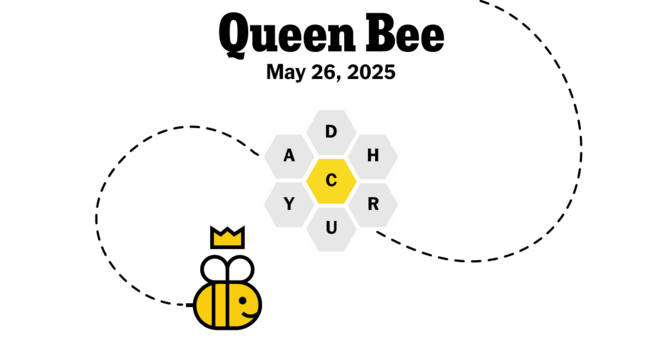 Illustration of the Queen Bee achievement for the New York Times’ Spelling Bee game for May 26, 2025.

The image features a simple geometric drawing of a smiling bumblebee with a crown on her head. The daily puzzle featuring letters “(C) A D H R U Y” in a hexagonal honeycomb layout is represented below the words ”Queen Bee May 26, 2025.”