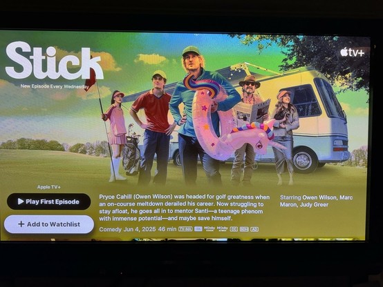 Apple TV+ show card on a tv monitor for the show “Stick”. 