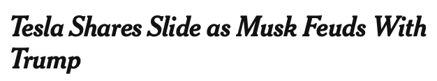 Closely cropped headline from The New York Times that reads, “Tesla Shares Slide as Musk Feuds with Trump.”