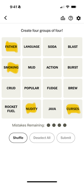 Screenshot of the New York Times’ “Connections” word puzzle published June15, 2025. In the 4×4 grid of sixteen words, the words “father,” smoking,” “nudity,” and “curses” have been highlighted.