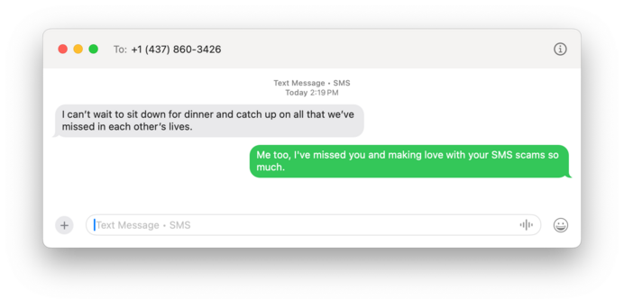 Screenshot of a MacOS Messages application window containing a series of text messages. The first, incoming message reads, “I can't wait to sit down for dinner and catch up on all that we've missed in each other's lives.” The response reads, “Me too, l've missed you and making love with your SMS scams so much.”