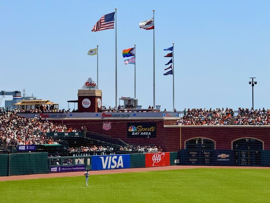 Photograph of the center-to-right field portion of the outfield of a baseball park. A single player stands on the bright green grass field, which is bounded by brick walls and low stands of fans. Several flags stand visible against a clear blue sky: The U.S. and California flags at top, the San Francisco city flag, Pride and Trans Pride flags, and ranked National League West pennants below.