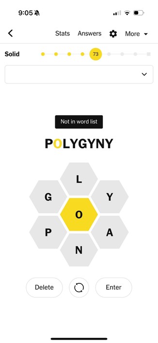 Screenshot of the New York Times’ “Spelling Bee” word puzzle published June 28, 2025. The puzzle features the letters “(O) A G L N P Y.” The player has entered the word "Polygyny," but it was rejected with the message “Not in word list.”