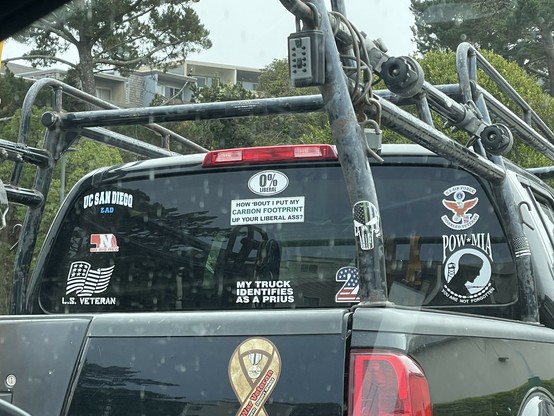 Photo of the back of a truck that’s plastered with stickers that convey a variety of idiotic conservative tropes. Pretty sure the owner did NOT have a Happy Pride Month.