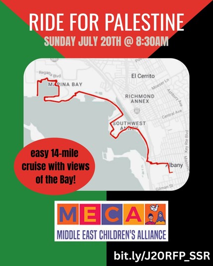 Route map from Berkeley northwest along the Bay to Richmond

Easy 14-mile cruise with views of the Bay!

Logo of MECA, Middle East Children’s Alliance
