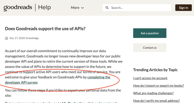 Goodreads' docs about their now-locked-down API