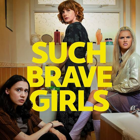 Promotional image of Hulu/BBC sitcom "Such Brave Girls". 

Show titled in large yellow letters, centered on a picture of the three main characters; a red headed mom, a bleach blonde daugther on the right, and dark haired woman in lower left corner