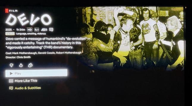 TV monitor showing preview image and menu for Netflix film “DEVO” 