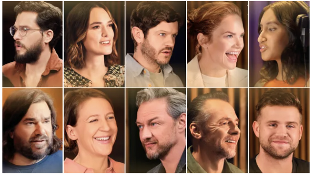 Collage of headshots of actors doing voice work for a new Harry Potter audio series. Kit Harington as Professor Lockhart, Keira Knightley as Professor Umbridge, Iwan Rheon as Professor Lupin, Ruth Wilson as Bellatrix Lestrange, Ambika Mod as Nymphadora Tonks, Leo Woodall as Bill Weasley, Simon Pegg as Arthur Weasley, James McAvoy as Mad-Eye Moody, Gemma Whelan as Professor Sprout, and Matt Berry as Sir Cadogan