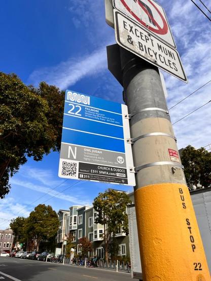 The former, community created sign at the same location, also including info on the 22 Fillmore and N Owl Judah. It is hard to see in this picture, but there's a little text across the bottom with the Safe Street Rebel Twitter handle.