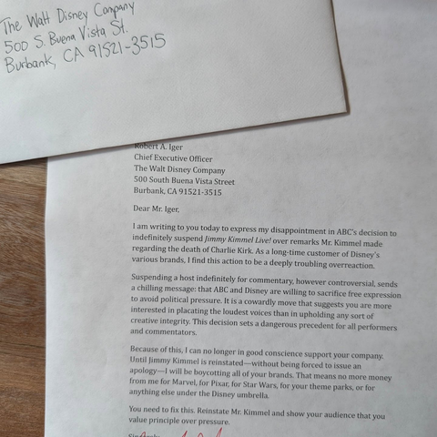 Dear Mr. Iger, I am writing to you today to express my disappointment in ABC's decision to indefinitely suspend Jimmy Kimmel Live! over remarks Mr. Kimmel made regarding the death of Charlie Kirk. As a long-time customer of Disney's various brands, I find this action to be a deeply troubling overreaction. Suspending a host indefinitely for commentary, however controversial, sends a chilling message: that ABC and Disney are willing to sacrifice free expression to avoid political pressure. It is …