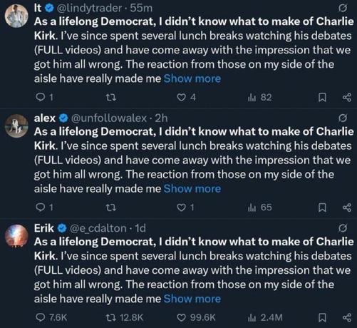 3 identical Twitter bot posts by "Democrats" who "gotta hand it to" Charlie Kirk