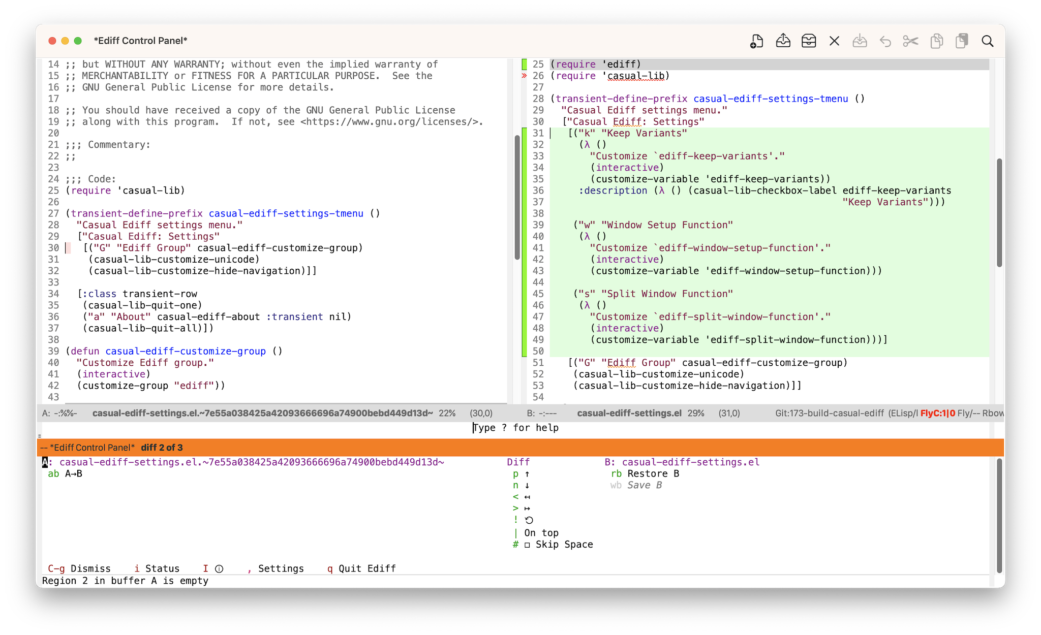 Screenshot of Casual Ediff (pre-release) for Emacs.
