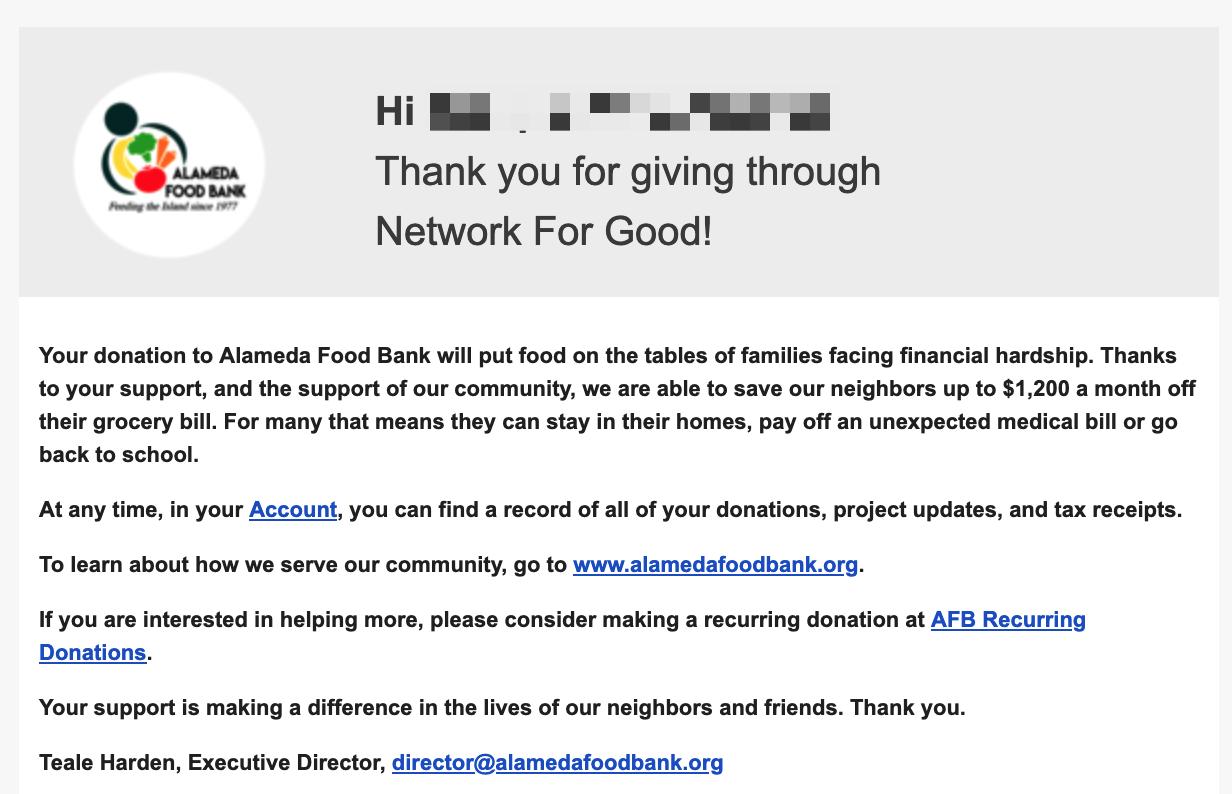 screenshot of an email from the Alameda Food Bank acknowledging a cash donation