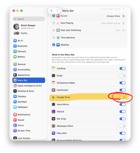 Screenshot of the System Settings app’s Menu Bar pane in MacOS 26 Tahoe. An entry for Google Drive is highlighted, emphasizing that its toggle slider is in the off position.