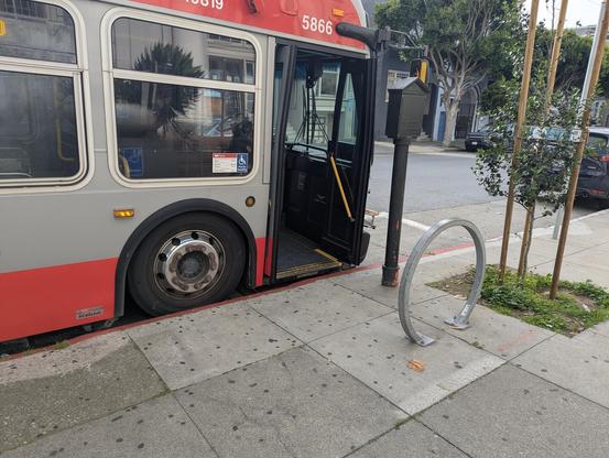 Picture of a SF Muni bus at a bus stop, with an omega-shaped bus rack on the sidewalk located so the wheelchair ramp cannot be used.