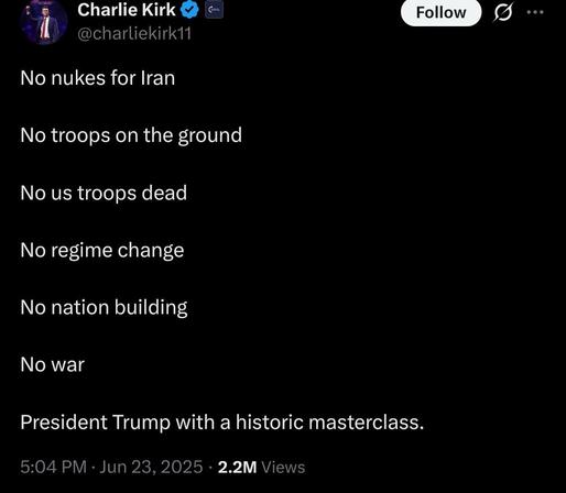 Charlie Kirk praising Trump for being a peacemaker