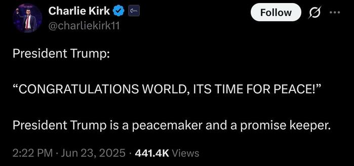 Charlie Kirk praising Trump for being a peacemaker