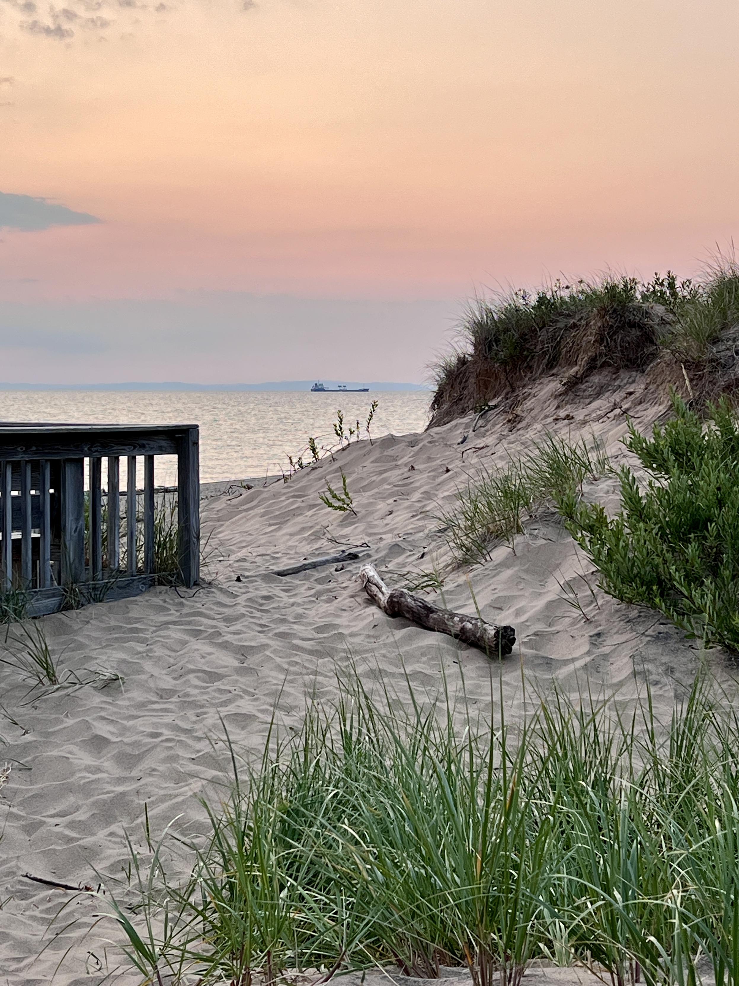 At the Whitefish Point Lighthouse, a sandy beach scene at sunrise, looking out over Lake Superior. Tall grass and a piece of driftwood are in the foreground. In the background, calm water reflects a soft, pastel sky, and a distant lake freighter can be seen on the horizon.  Coming soon to my gallery at https://beautifulsunphotography.com/ 